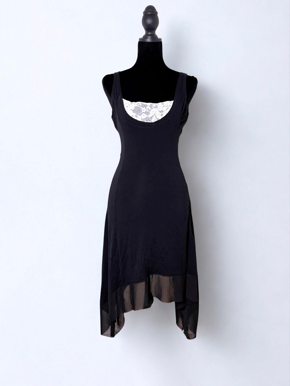 Black Babydoll Fairycore Handkerchief Hem Midi Dress White Lace Milkmaid Bust